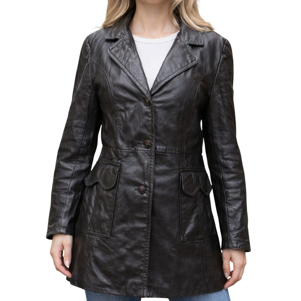 Vintage 70s Adler Women's Small Black Leather Jacket Trench Style